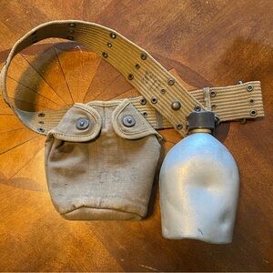 1940s WWII US Army M1910 Aluminum Canteen Drab Green Canvas Cover Case Web Belt